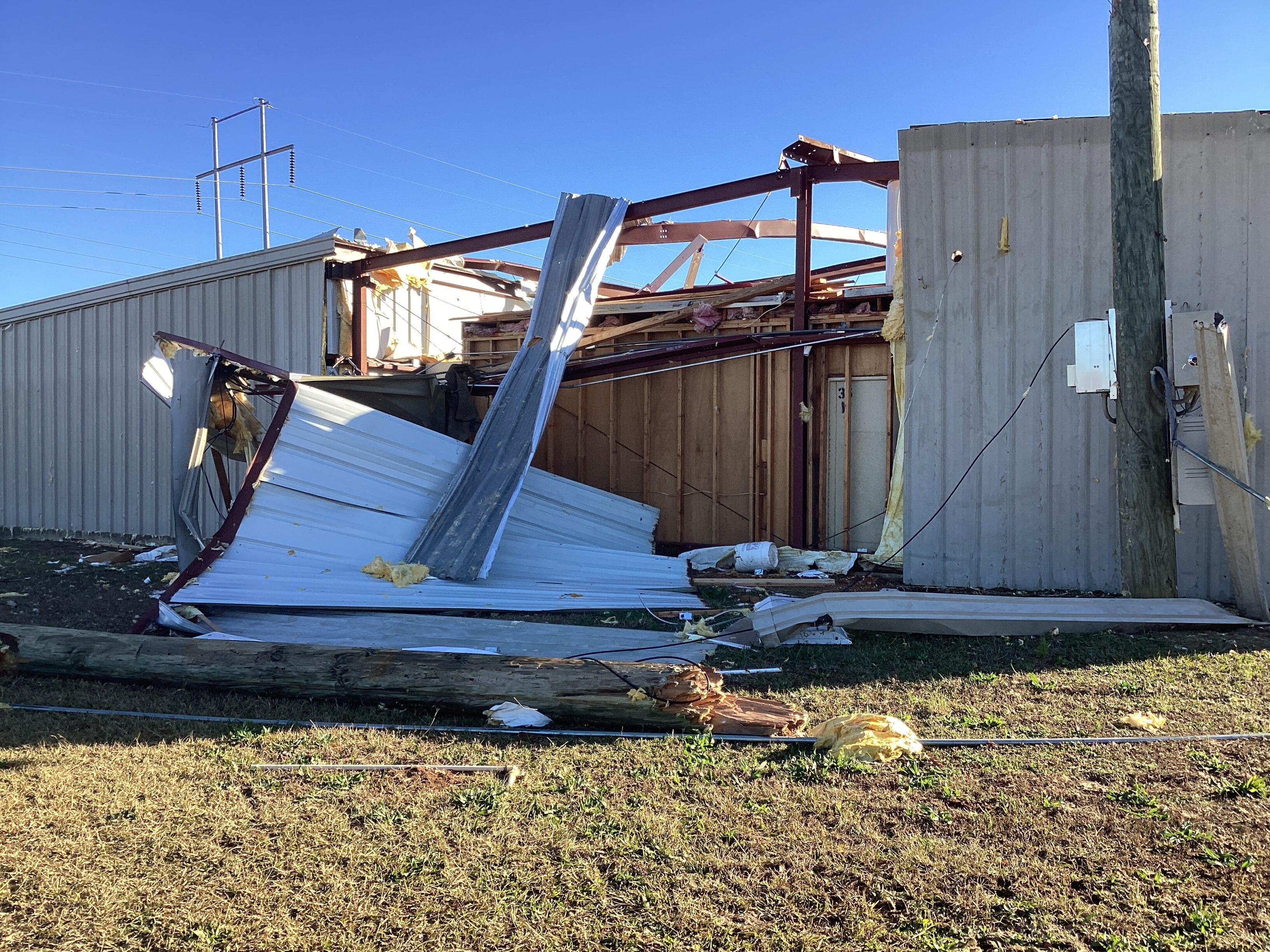 A warehouse that suffered heavy EF2 damage near Woodlawn, Mississippi.