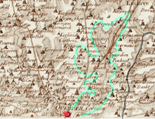 Le bassin du Frout au XVIIIe siècle, entouré de vert, d'après la Carte de Cassini (feuille 171). En rouge, la ville close de Quimper.