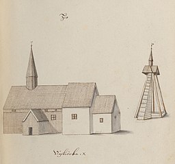 Hjo gamla kyrka på teckning omkring 1670.[1]