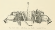 Depiction of a Blackfoot Indian medicine bundle, in pencil, containing a sacred pipe, medicinal herbs, and all wrapped in a Black Bear skin.