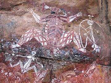 Art pariétal : Anbangbang Rock Shelter, Parc national de Kakadu, Australie. Repeint en 1962-1964.