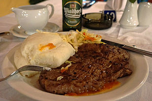 Nshima and beef relish from Proteas Hotel, Chingola, Zambia