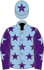 Light blue, purple stars, purple sleeves, light blue stars, light blue cap, purple star