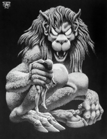 A large ghoul, resembling a hoofed humanoid lion, holding a dead man in its fist