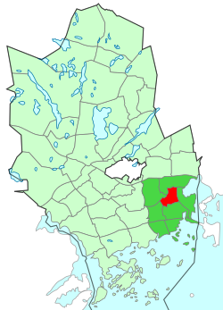 Location of Pohjois-Tapiola (red) within Espoo (light green) and Suur-Tapiola (dark green)