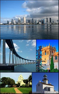 Images from top, left to right: San Diego Skyline, Coronado Bridge, museum in Balboa Park, Serra Museum in Presidio Park and the Old Point Loma lighthouse