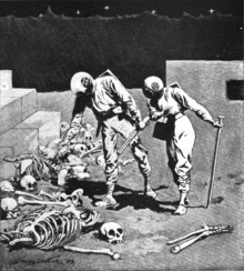An illustration of two characters wearing primitive space suits resembling heavy diving gear on the surface of the Moon, inspecting some skeletons.