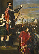 提齊安諾的《阿方索·達·阿瓦洛斯的訓示（英语：Alfonso d'Avalos Addressing his Troops）》，223 × 165cm，約繪於1540－1541年，1828年始藏，來自腓力四世的收藏[31]