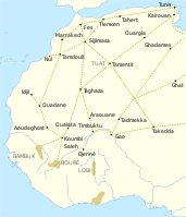 Trade routes of the western Saharan Desert, c. 1000–1500. Goldfields are indicated by light brown shading.