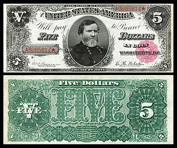 Five-dollar Treasury Note from the series of 1890, by the Bureau of Engraving and Printing