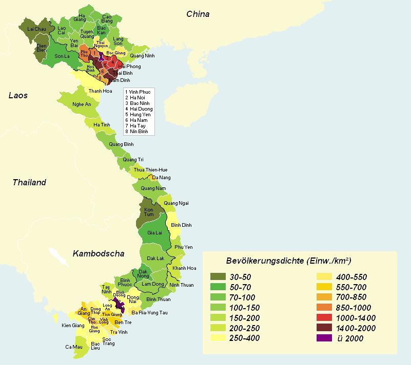 Karte mit farbig markierten Bevölkerungsdichten der Provinzen