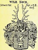 Wappen der schwedischen Bock fran Lachmes nach Gritzner. Bei der Naturalisierung in Schweden 1689 wurde das verliehene Wappen erheblich verändert.