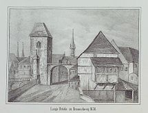 Die „Lange Brücke“ mit Tor und Brückenturm um 1650. Lithografie 19. Jahrhundert.