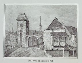 Die Lange Brücke mit Tor und Brückenturm um 1650. Lithografie 19. Jahrhundert.