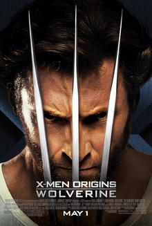 Wolverine front and center, wearing a white vest, and dark jeans, his arms are down and his metal claws are extended. Behind him are six other characters against a large X logo.