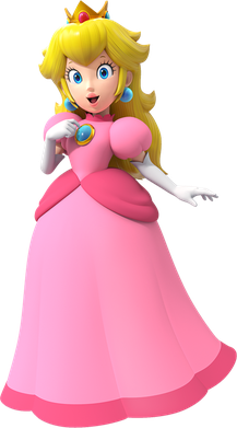 Artwork of Peach wearing a pink gown, white gloves and gold crown