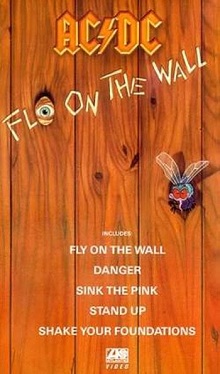 Artwork of a wooden wall, with a cartoon fly on the middle right. On the top is the AC/DC logo in orange, with the title Fly on the Wall scratched into the wall. A hole with an eye peering through replaces the "Y" in the title. On the lower half is the track list for the video album, with the Atlantic Video logo at the very bottom.