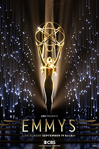 A poster featuring an Emmy statuette in front of a dark background with lights scattered around