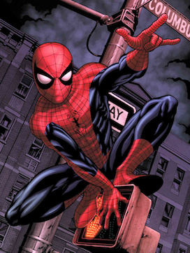 A drawing of Spider-Man crouched, looking up to the camera stricking a pose on a street-sign