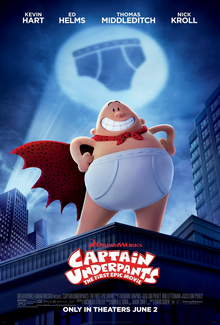 Film poster showing Captain Underpants, standing on top of a building. Behind him is a moon showing a silhouette of a pair of underwear.