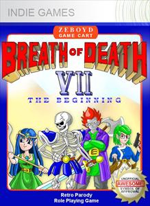 Cover artwork with the title "Breath of Death VII The Beginning" at the top. Below the title are four characters: a blue-haired woman holding a scepter, a skeleton with blue armor and a sword, a red-haired man with an axe and a green-haired woman holding a gun.