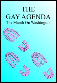 DVD cover titled "The Gay Agenda: The March on Washington" above a set of three pink boot prints marching close together from lower right to upper left