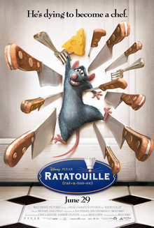 Remy, a cartoon rat, smiles nervously as he clings onto a piece of cheese while he is pinned to a door by sharp knives and forks. The film's tagline, "He's dying to become a chef", is displayed along the top. A logo with the film's title and pronunciation is shown at the bottom, with the dot on the 'i' in "Ratatouille" doubling as a rat's nose with whiskers and a chef's toque.