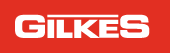 Logo comprises the word GILKES in white upper case sanserif font on a red background with a horizontal line above the central four letters, which are smaller than the first and last letters.