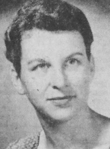 A young white woman with short wavy hair in a pixie cut, from a 1959 newspaper