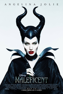 A live-action rendition of the Walt Disney character Maleficent, with the text "Angelina Jolie" above and "Disney's Maleficent" below