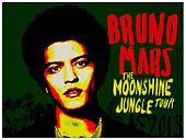 A promotional poster of the tour, with Bruno Mars pictured on it, the words "Bruno Mars" in red capital font and "Moonshine Jungle Tour" in yellow capital font in a green background