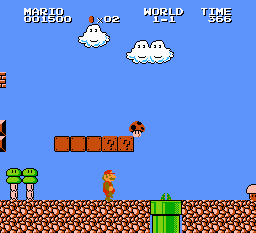 Mario, viewed in profile, faces to the right of the screen, with question mark blocks and a dark mushroom floating overhead and a green pipe in the ground nearby. The screen is mostly blue sky.