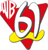 On a red triangle trimmed in black, the "WB" from the WB logo in the upper left. A white 61, slightly abstract, trimmed in black, sits in the center, above a yellow squiggle running on the bottom.