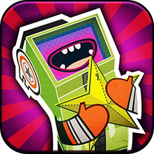 A green box shaped character with a large open mouth on a purple screen and orange arms hugs and 3D paper star.