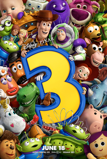 All of the toys packed close together, holding up a large numeral '3', with Buzz, who is putting a friendly arm around Woody's shoulder, and Woody holding the top of the 3. The release date "June 18" is displayed on the bottom.