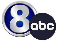 A silvery 8 in a blue circle with silver trim, with the ABC logo to the right and slightly below.