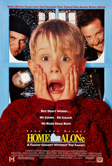 A boy wearing a red sweater with his hands placed on his face while screaming. He is in the center of the picture. Behind him, outside a snowy window, to the boy's left and right, are a pair of men dressed in black.