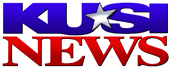 The blue letters KUSI with a silver star in the middle in a bold, stretched sans serif. Beneath are red letters NEWS in a stretched serif.