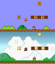 Top: the NES version of Super Mario Bros., depicting an area of World 1–1. Bottom: the Super Mario All-Stars version of Super Mario Bros., depicting the next area of the level. The latter is more detailed and takes advantage of the SNES's 16-bit hardware.