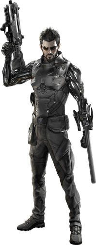 Full body image of Adam Jensen in combat gear, showing his cybernetic arms.