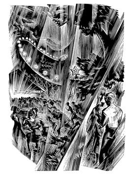 A black-and-white drawing of a rainstorm at an amusement park. People run for cover, with a brightly-lit roller coaster in the background.