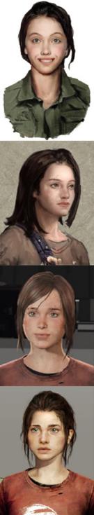 Four images depicting the development of Ellie's appearance. Ellie is smiling in the first image, and has short dark hair; she is facing right in the second image, with hair to her shoulders; she has a minor smirk in the third image, with hair on her fringe and down to her chin; and she has a blank look on her face in the fourth image, with no hair on her fringe.