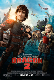 Hiccup, a dark haired boy, holding a helmet by his side, his friends and Toothless, a black dragon behind him: Dragons are flying overhead.