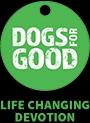 "DOGS FOR GOOD" in white, on a green circular background reminiscent of a dog's tag