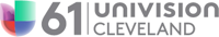 At left, the Univision logo, consisting of red, purple, green and blue blocks in the shape of a U. At right, a gray 61 in a sans serif. Separated by a line to the right, in two lines, a gray Univision wordmark in stylized unicase above the word Cleveland in all caps in gray.