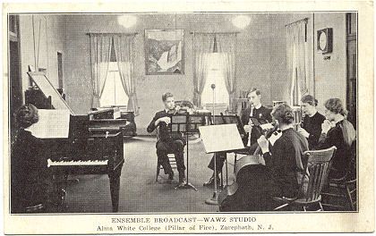 Music ensemble broadcast at Alma White College, Pillar of Fire Church, on WAWZ Radio, Zarephath, New Jersey circa 1920