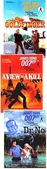 Covers of 3 adventures for the James Bond 007 role-playing game