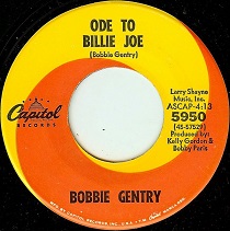 Label of a 45 single. The design features orange and yellow spirals. On the top it reads "Ode to Billie Joe". The logo of Capitol Records is printed on the left and "Bobbie Gentry" on the bottom. The right side features the catalog number, length of the song and copyright details.
