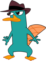 Color drawing of Perry the Platypus, standing upright, wearing a brown fedora.