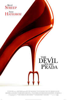 A single red high heel shoe, the stiletto ending in a devil's pitchfork.